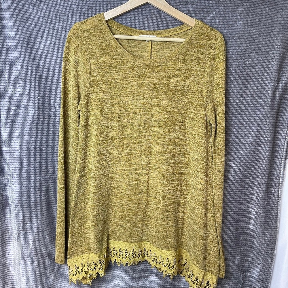 Easel Longsleeve Top Women Boho S Mustard Yellow Lace Trim Layering Tunic Casual